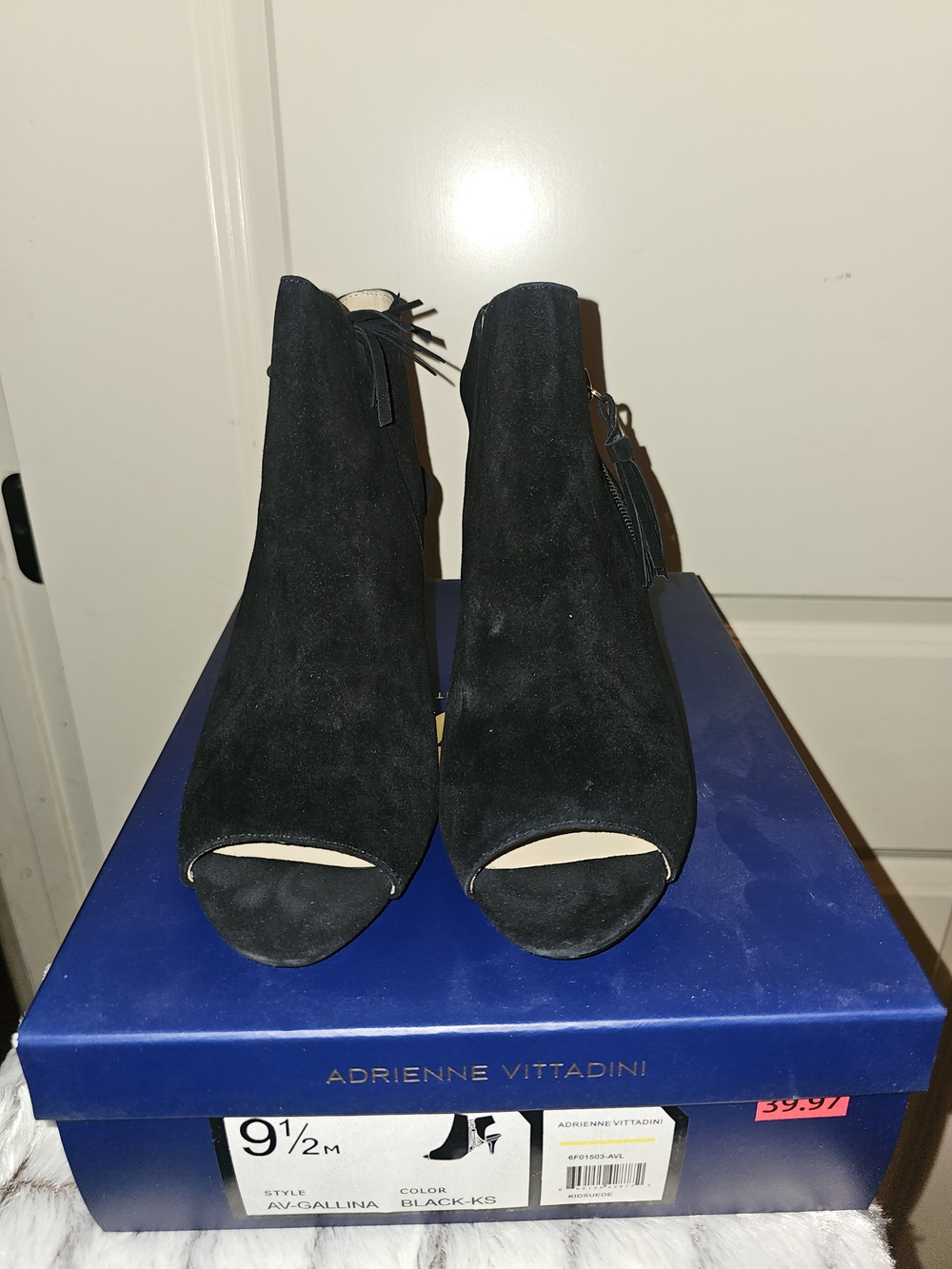 Adrienne Vittadini Black Suede Peep-Toe Ankle Booties with Tassel Zip